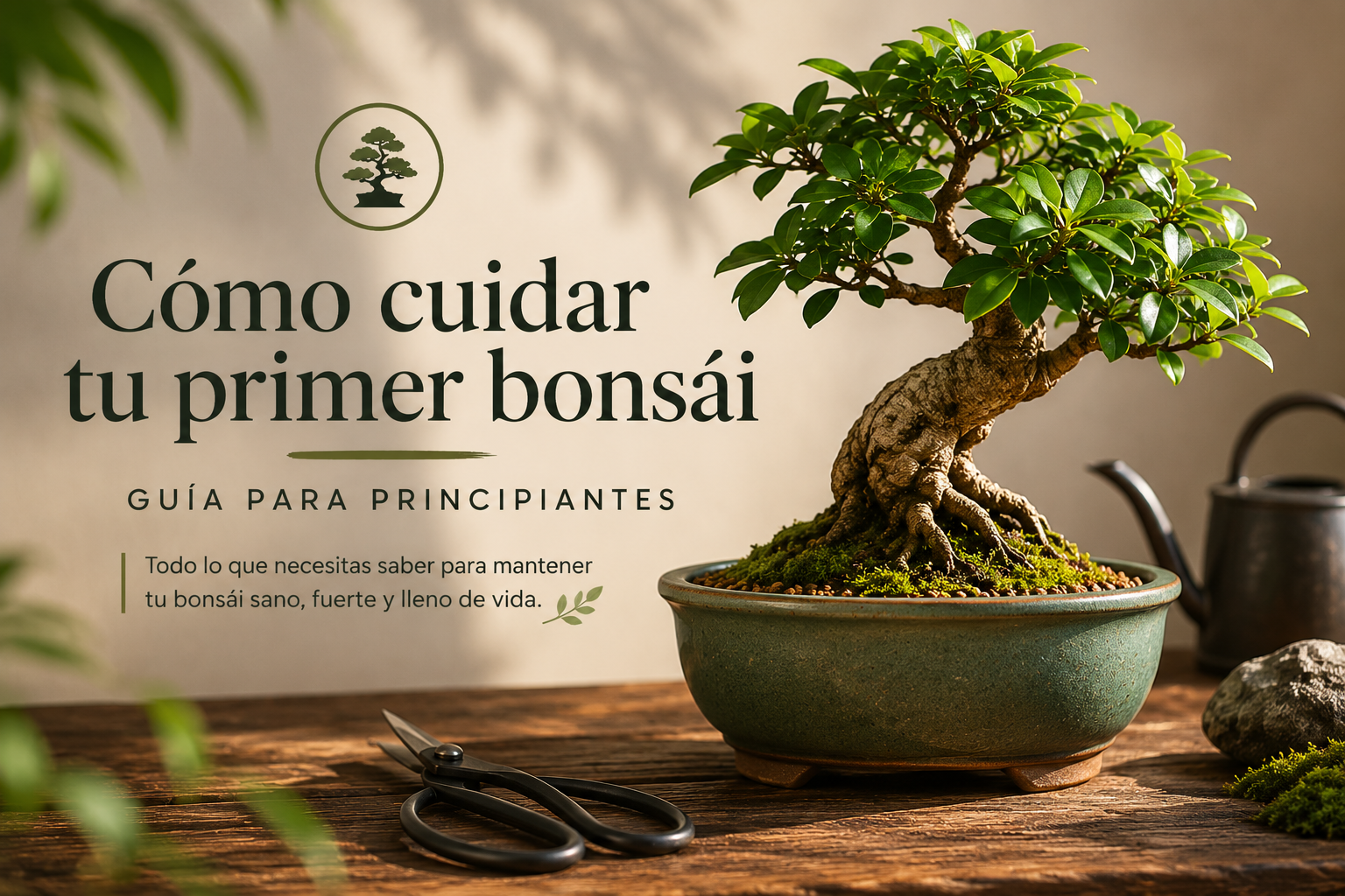Bonsái sobre mesa de madera con luz natural — Bonsaicore